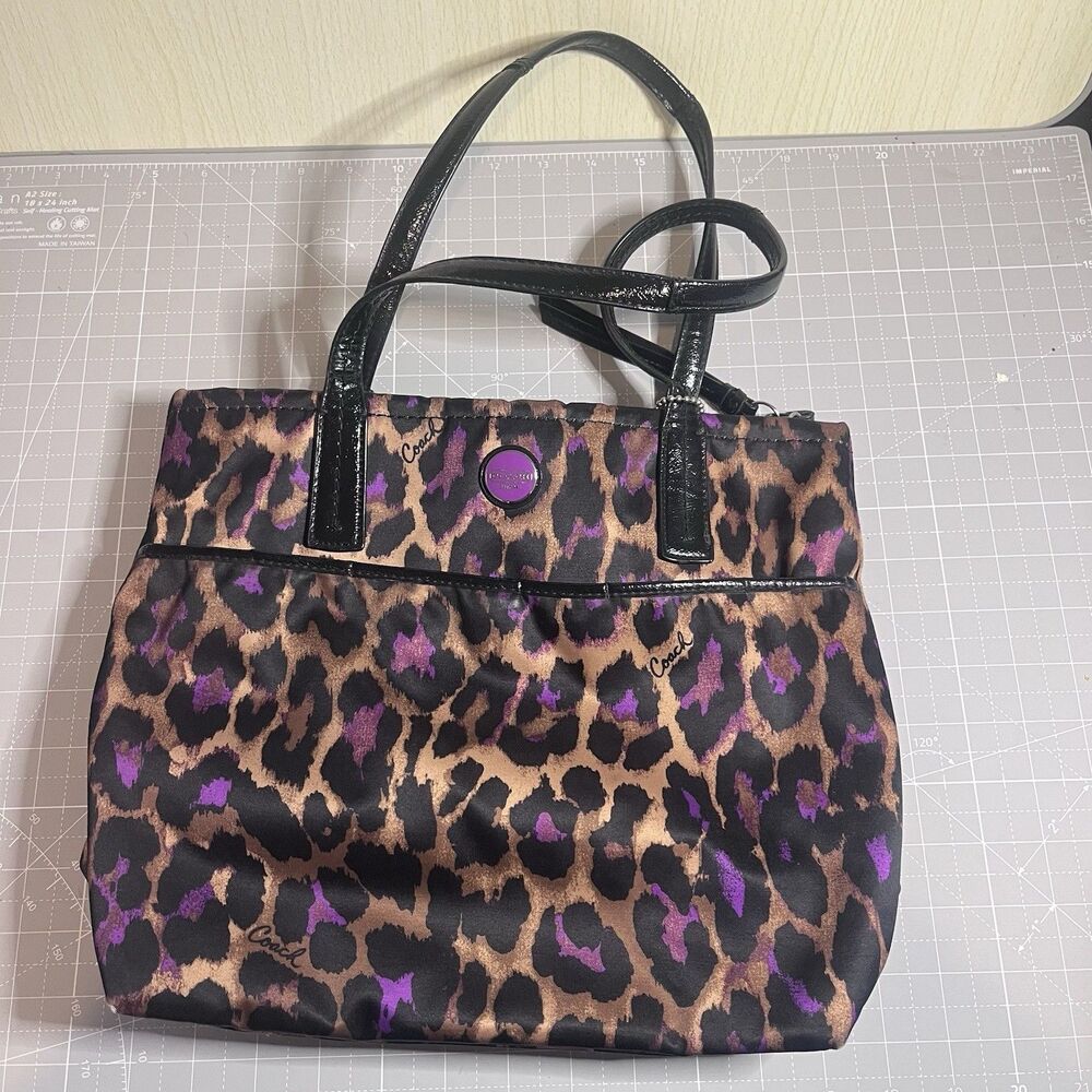 Coach Signature Ocelot Leopard Print Tote F25282 – Black/Purple/Brown Sateen